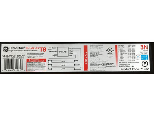 (case of 10) GE 71282 UltraMax P-Series T8 High Performance Electronic Ballast, 3 or 2 Lamps, GE332MAXP-N/AMP, Instant Start